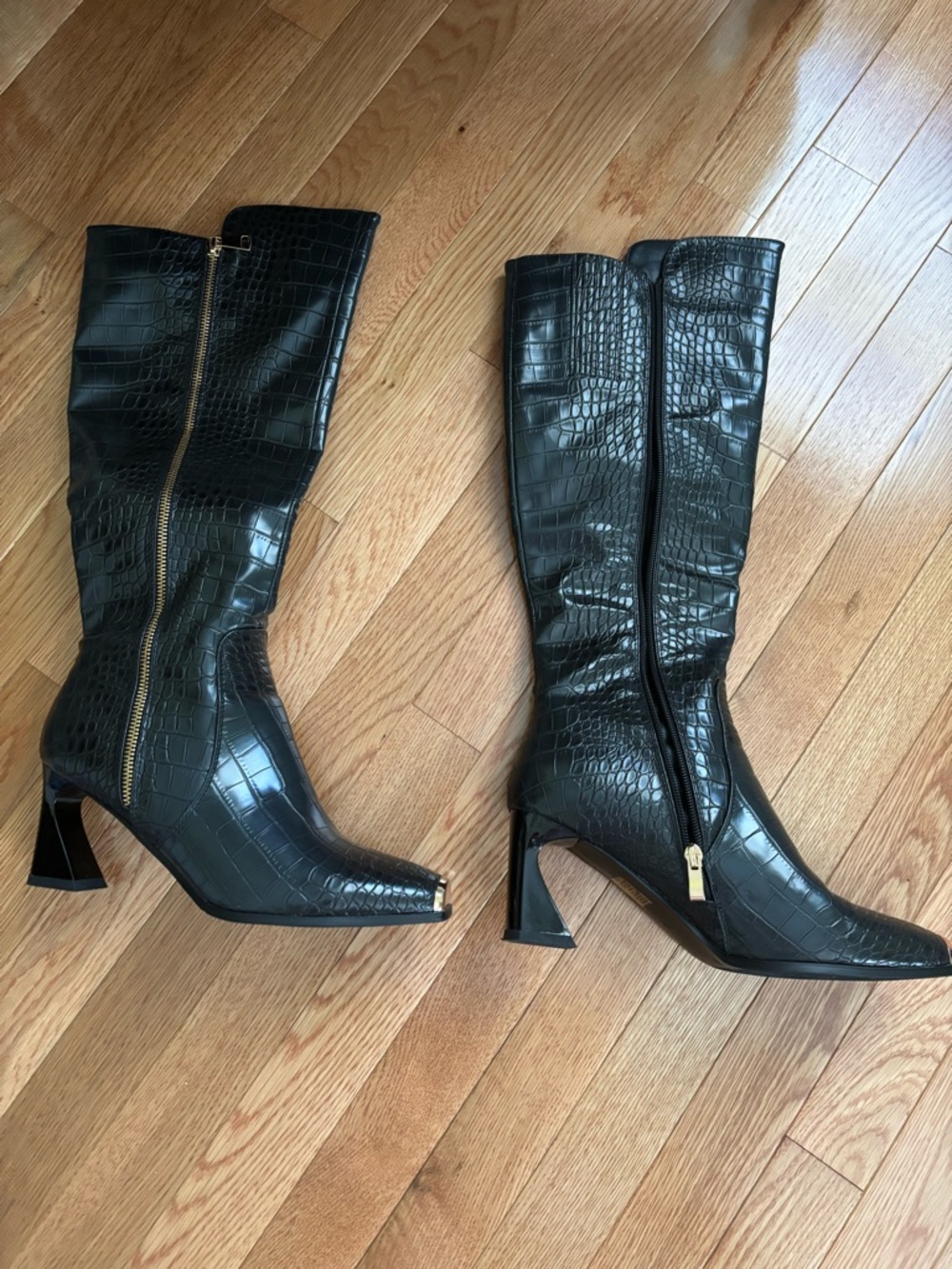Black Croc-Embossed Mid-Calf Heel Boots - Classic Women's Style